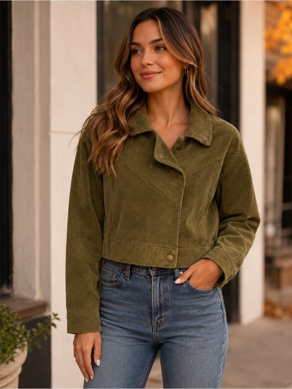 MINE Green Cropped Corduroy Jacket Snap Front Stretch Moto Style Medium NWT